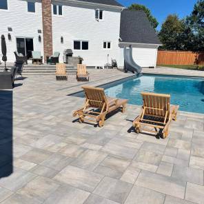 Large stone pool patio area.